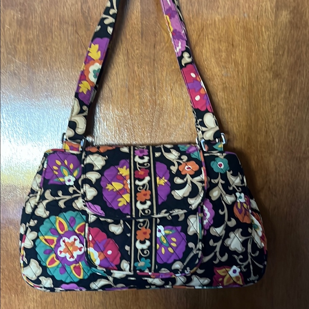 Vera Bradley Black Shoulder Bag with Floral Print and Zipper Closure